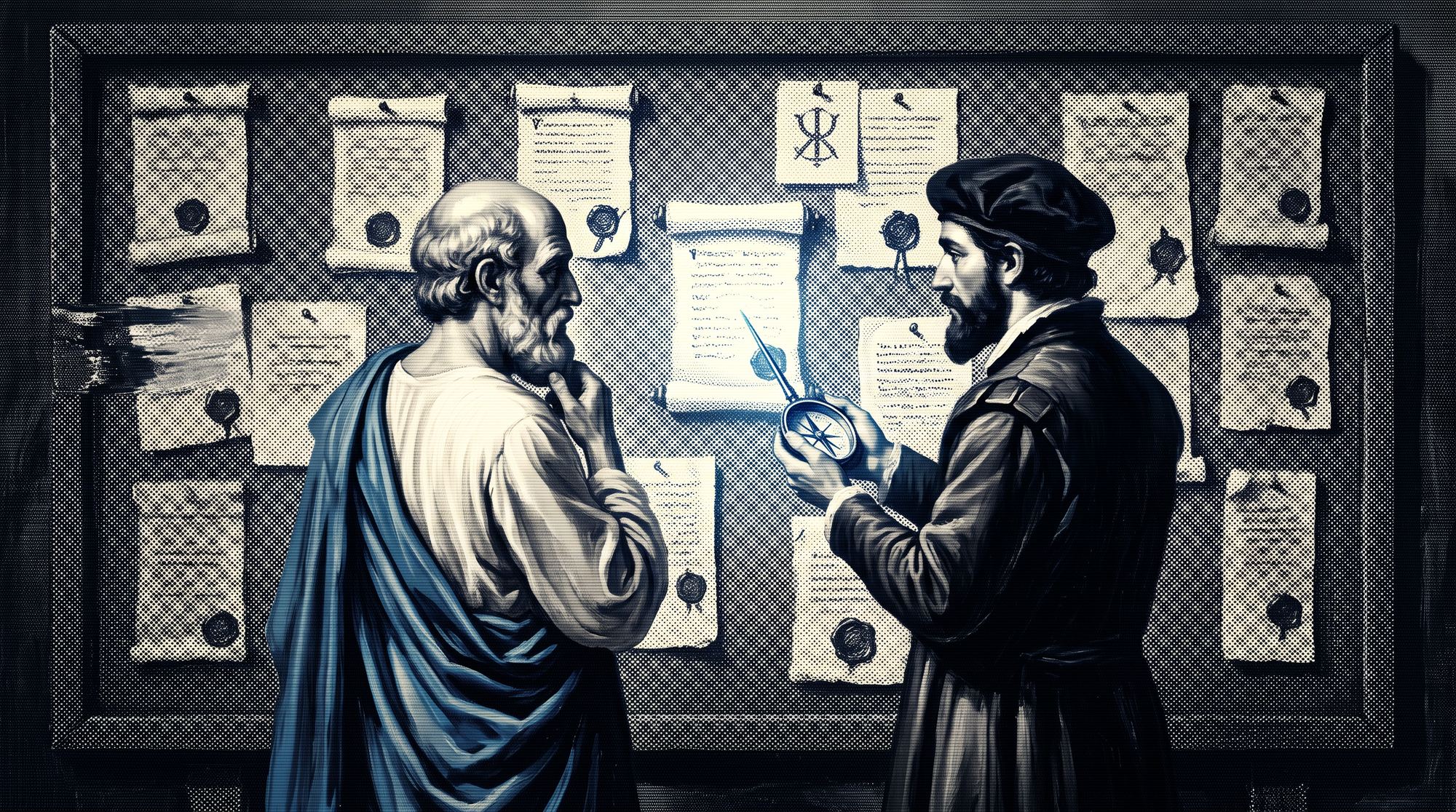 Renaissance-style illustration of two figures examining a wall of sealed notices and postings, representing the daily job-board scan, in Prometrifi's dithered Digital Renaissance style.