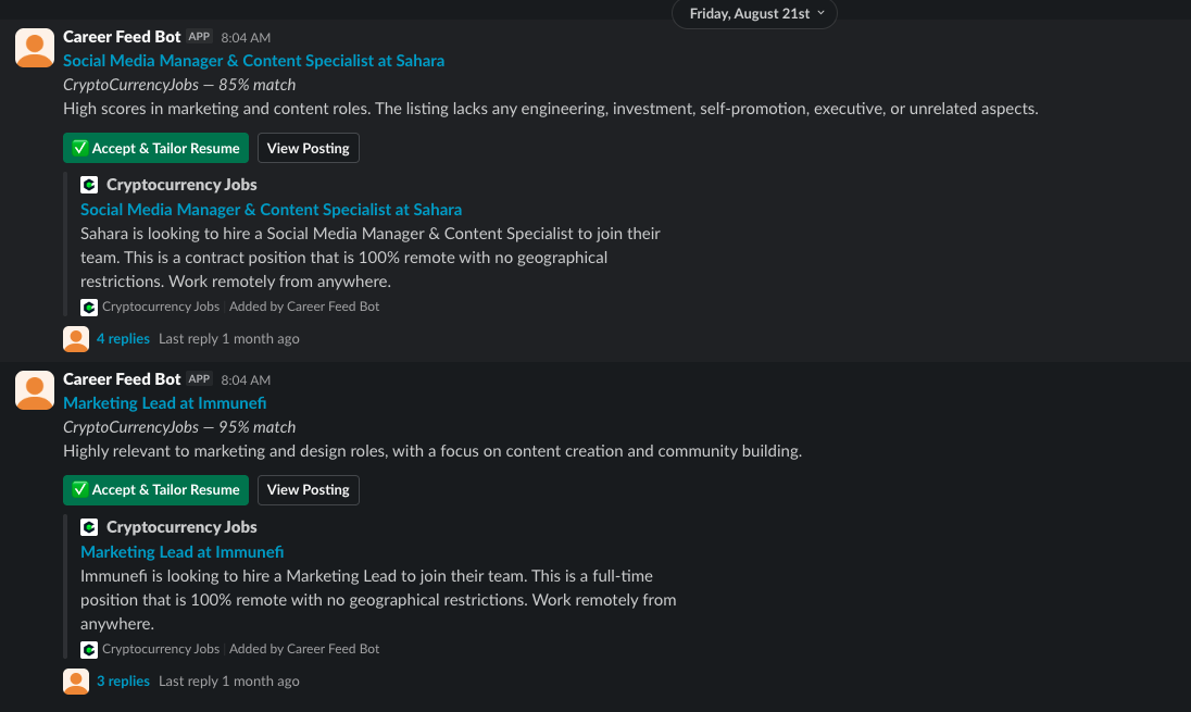 Slack messages from Career Feed Bot showing job listings with a match percentage, a stated reason for the score, an unfurled posting card, and Accept & Tailor Resume / View Posting buttons.