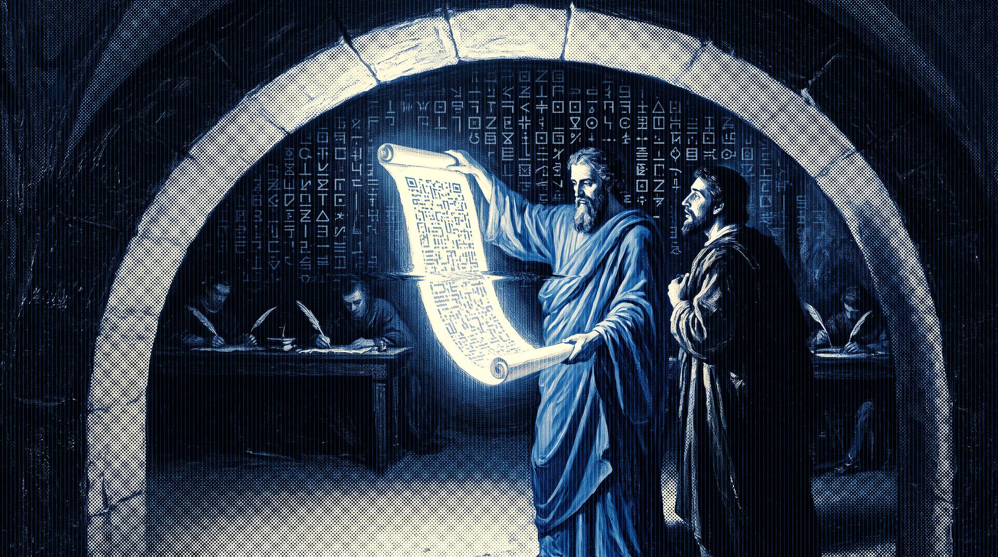 Renaissance-style illustration of a scholar unrolling a coded scroll before scribes, representing the content pipeline, in Prometrifi's dithered Digital Renaissance style.