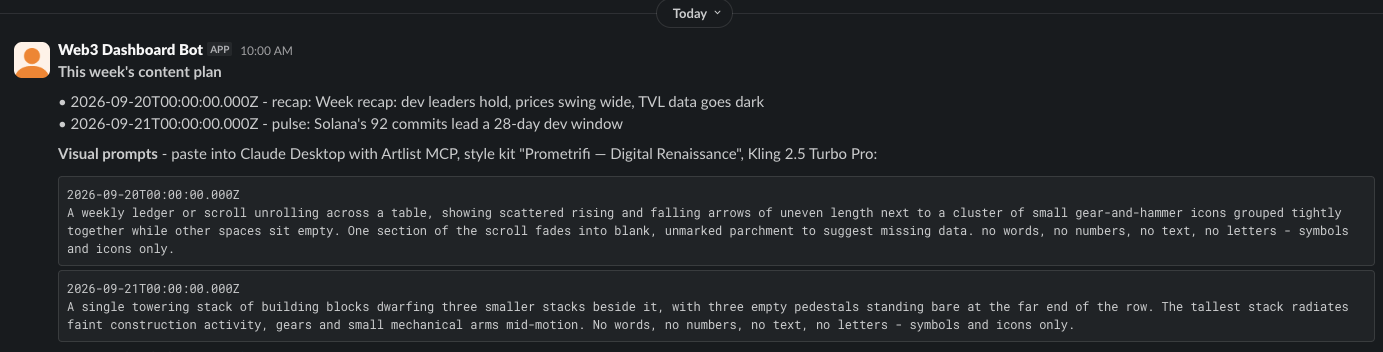 Slack message from Web3 Dashboard Bot: this week's content plan, listing planned post copy for upcoming dates alongside full visual generation prompts for each post.