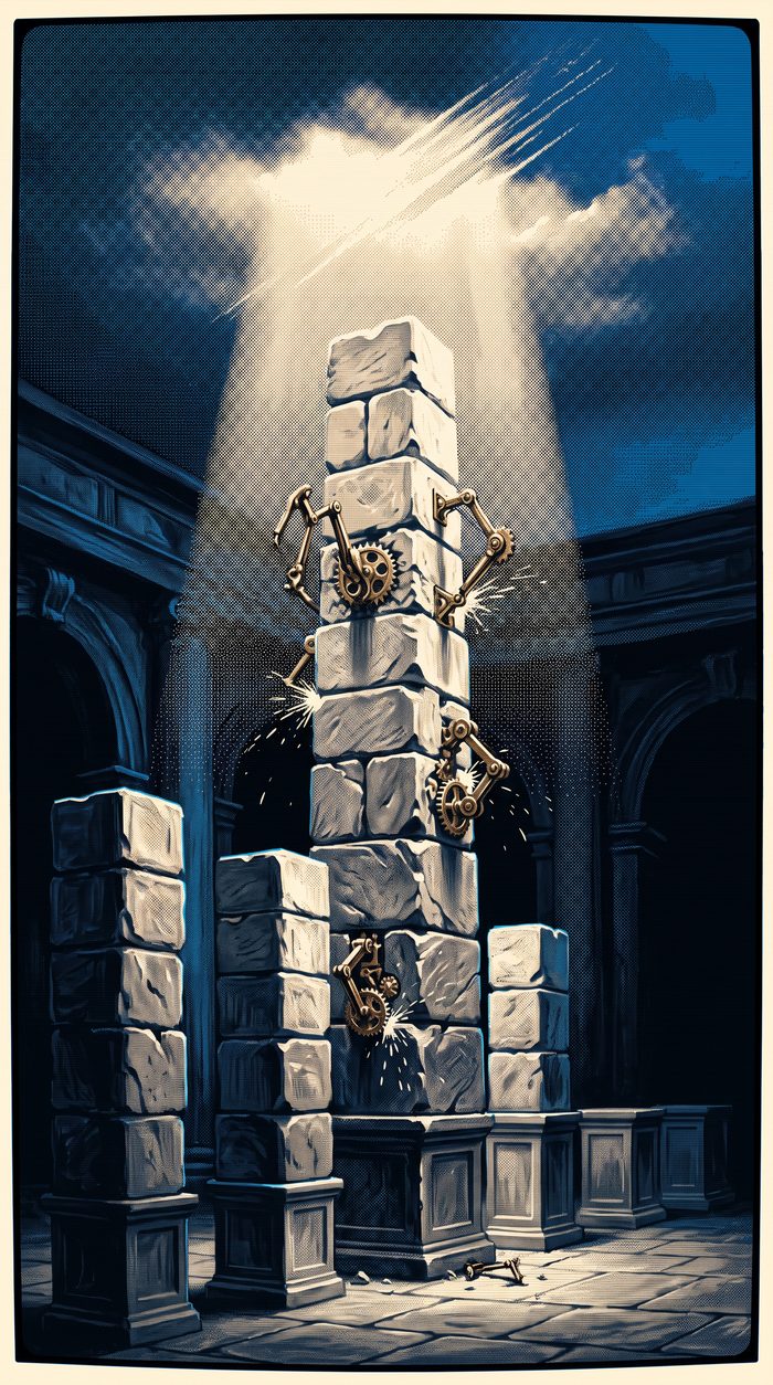 Generated Digital Renaissance style image: a towering stack of stone blocks under a shaft of light, dwarfing three smaller stacks beside it, with mechanical gear-arms working on the tallest stack.