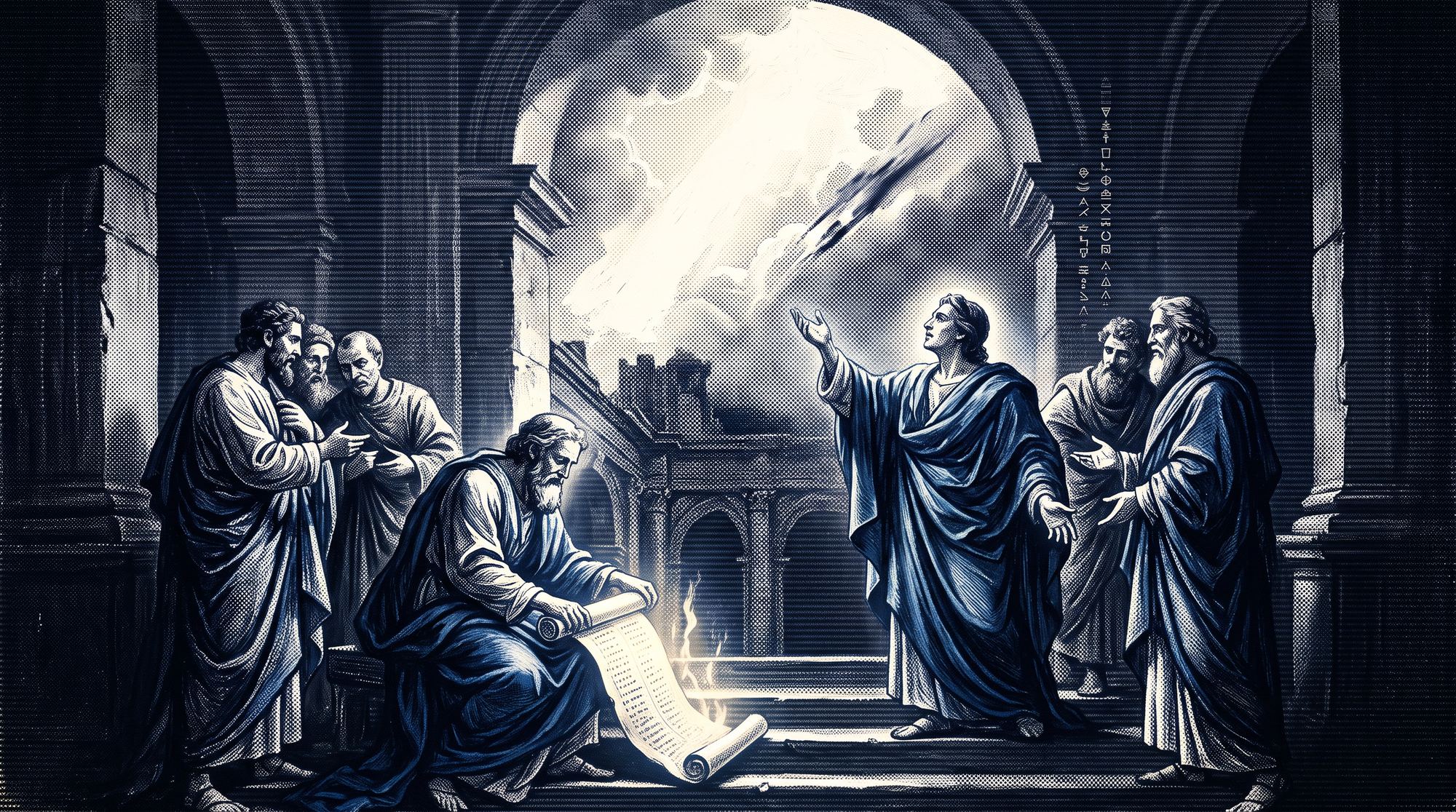Renaissance-style illustration of scholars examining a glowing web3 dashboard, rendered in Prometrifi's dithered Digital Renaissance style.