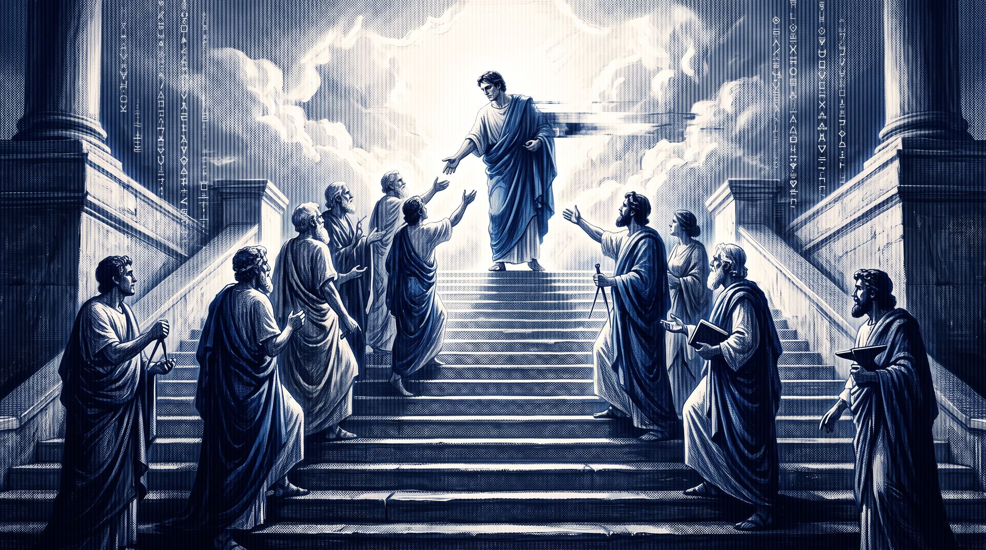 Renaissance-style illustration of a figure descending toward a group reaching upward, representing the lead-gen funnel, in Prometrifi's dithered Digital Renaissance style.