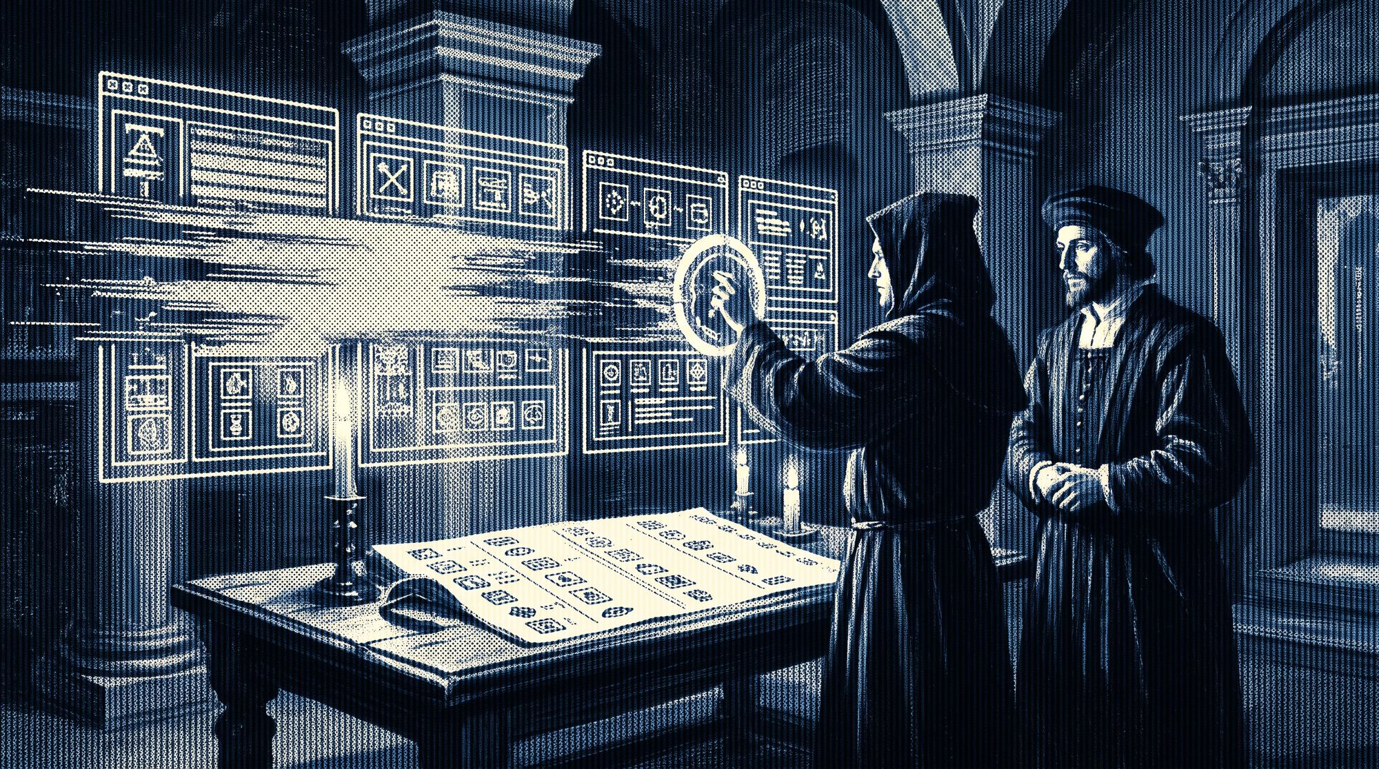 Renaissance-style illustration of two figures studying a glowing web3 trading dashboard, in Prometrifi's dithered Digital Renaissance style.