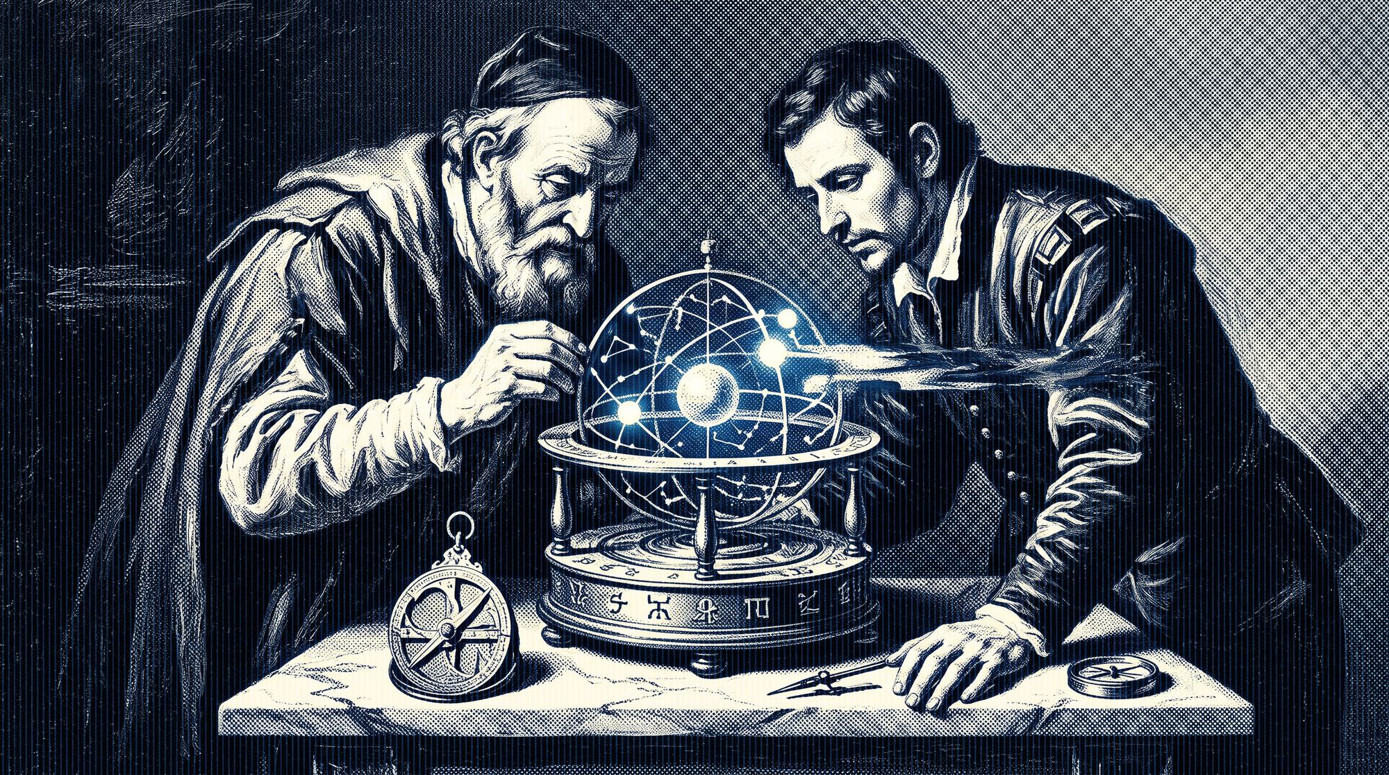 Renaissance-style illustration of a scholar examining a glowing armillary-sphere network model, representing the ecosystem workflow, in Prometrifi's dithered Digital Renaissance style.
